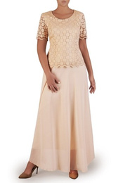 Długa suknia na wesele, kremowa kreacja z koronkowym topem 21986